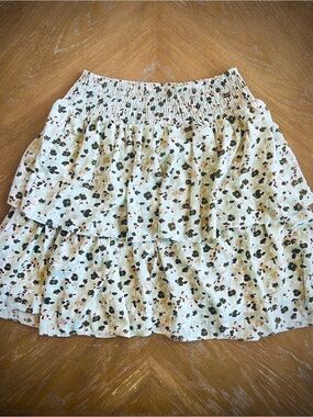 Tiered Smocked Waist Skirt in White with Olive Floral Print